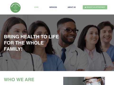Screenshot of the Barrie Harmony Walk-in & Family Practice homepage, barrieharmonyclinic.ca, captured 2026-08-19, shown as the evidence for this review