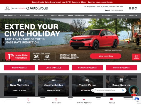 Screenshot of the Barrie Honda homepage, www.barriehonda.com/?utm_source=google&utm_medium=organic&utm_campaign=google_my_business&utm_content=website-button, captured 2026-08-19, shown as the evidence for this review
