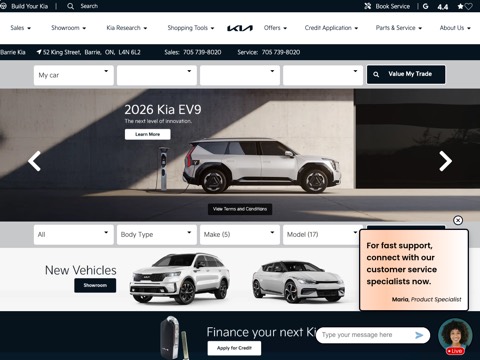Screenshot of the Barrie Kia homepage, www.barriekia.com, captured 2026-08-19, shown as the evidence for this review