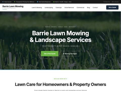 Screenshot of the Barrie Lawn Mowing & Landscaping homepage, www.barrielawnmowing.ca, captured 2026-08-19, shown as the evidence for this review