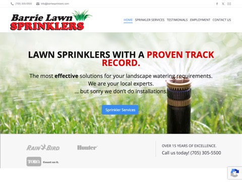 Screenshot of the Barrie Lawn Sprinklers Inc. homepage, barrielawnsprinklers.com, captured 2026-08-19, shown as the evidence for this review