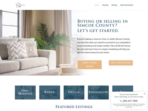 Screenshot of the Barrie, Orillia, Oro-Medonte, Springwater Real Estate Agent Revel Realty Brokerage - Samantha Wallace website