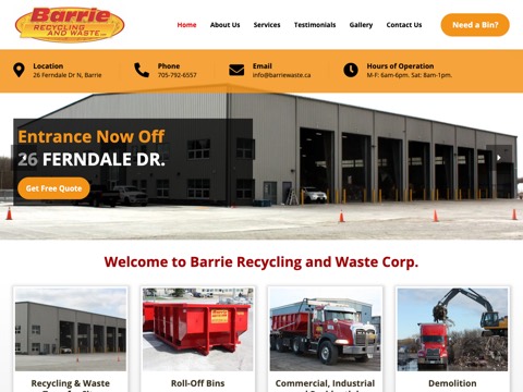 Screenshot of the Barrie Recycling And Waste Corp homepage, barriewaste.ca, captured 2026-08-19, shown as the evidence for this review