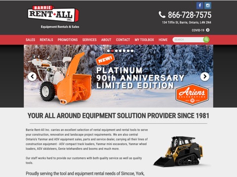 Screenshot of the Barrie Rent-All Inc. homepage, barrierentall.ca, captured 2026-08-13, shown as the evidence for this review
