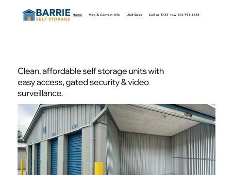 Screenshot of the Barrie Self Storage homepage, www.barriestorage.ca, captured 2026-08-19, shown as the evidence for this review