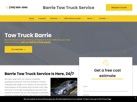 Screenshot of the Barrie Tow Truck Service homepage at www.barrietowtruckservice.com, captured 2026-08-19, shown as the evidence for the review on this page