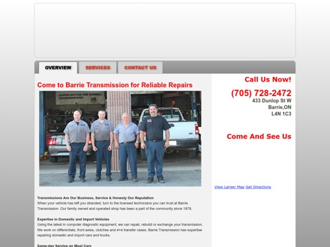 Screenshot of the Barrie Transmission homepage, barrietransmission.ca, captured 2026-08-19, shown as the evidence for this review