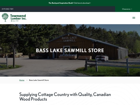 Screenshot of the Bass Lake Sawmill - BreezeWood Floors (Orillia) homepage, www.townsendlumber.com/bass-lake-sawmill-store, captured 2026-08-19, shown as the evidence for this review