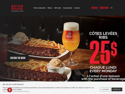 Screenshot of the Bâton Rouge Grillhouse & Bar homepage, www.batonrouge.ca/en?utm_source=G&utm_medium=LPM&utm_campaign=MTY, captured 2026-08-19, shown as the evidence for this review