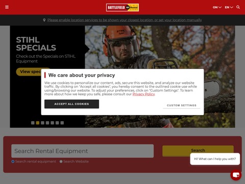 Screenshot of the Battlefield Equipment Rentals homepage, www.battlefieldequipment.ca, captured 2026-08-13, shown as the evidence for this review