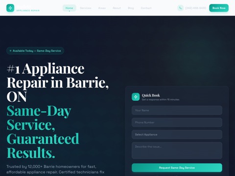 Screenshot of the Bayfield Appliance Repair Barrie website