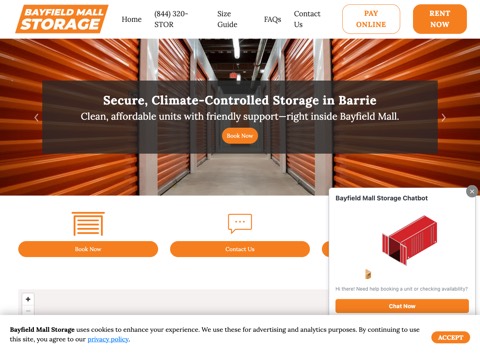 Screenshot of the Bayfield Mall Storage homepage, www.bayfieldmallstorage.ca, captured 2026-08-19, shown as the evidence for this review
