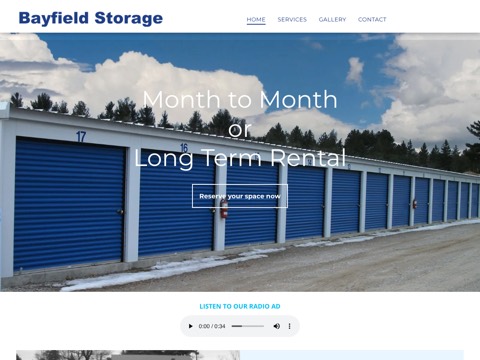 Screenshot of the Bayfield Storage Corporation homepage, www.bayfieldstorage.com, captured 2026-08-19, shown as the evidence for this review