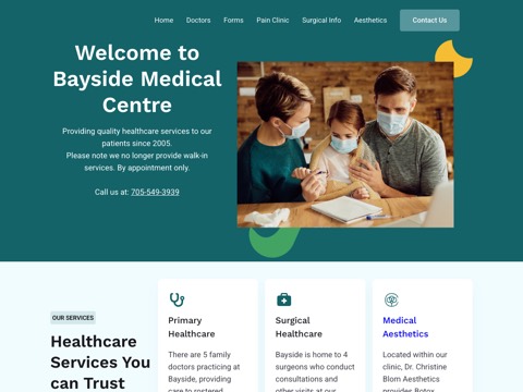 Screenshot of the Bayside Medical Centre homepage, baysidemedicalcentre.ca, captured 2026-08-19, shown as the evidence for this review