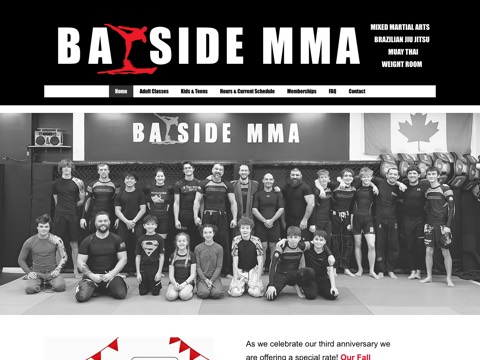 Screenshot of the Bayside MMA homepage at www.baysidemma.ca, captured 2026-08-19, shown as the evidence for the review on this page