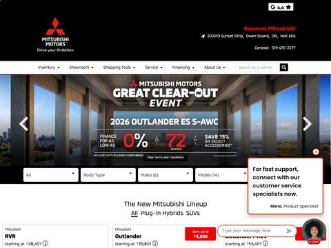 Screenshot of the Baywest Mitsubishi homepage, www.baywestmitsubishi.ca, captured 2026-08-19, shown as the evidence for this review
