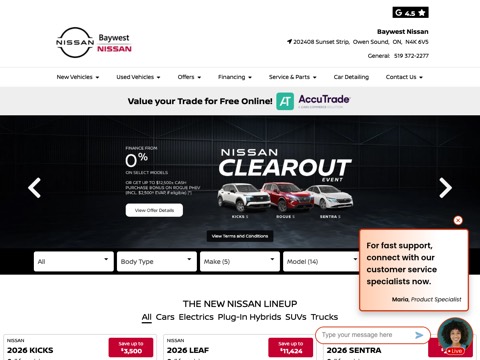 Screenshot of the Baywest Nissan homepage, www.baywestnissan.ca, captured 2026-08-19, shown as the evidence for this review