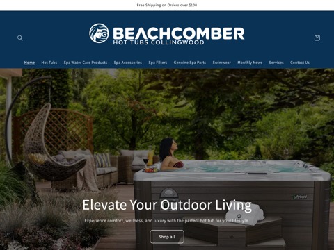 Screenshot of the Beachcomber Hot Tubs Collingwood homepage, www.beachcombercollingwood.com, captured 2026-08-19, shown as the evidence for this review