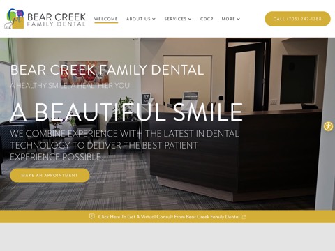 Screenshot of the Bear Creek Family Dental homepage, www.bearcreekfamilydental.ca, captured 2026-08-19, shown as the evidence for this review