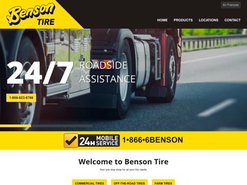Screenshot of the Benson Tire homepage, www.bensontire.com, captured 2026-08-19, shown as the evidence for this review
