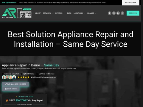Screenshot of the Best Solution Appliance Repair homepage, best-solution-appliance-repair.ca, captured 2026-08-13, shown as the evidence for this review