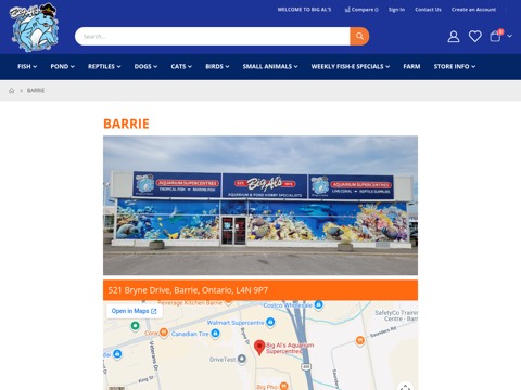 Screenshot of the Big Al's Aquarium Supercentres homepage, bigals.ca/barrie, captured 2026-08-19, shown as the evidence for this review