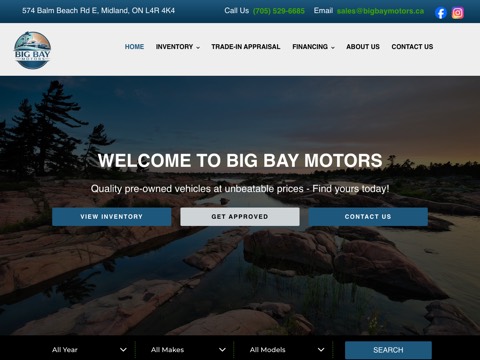 Screenshot of the Big Bay Motors homepage, www.bigbaymotors.ca, captured 2026-08-19, shown as the evidence for this review