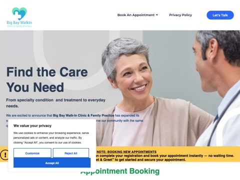 Screenshot of the Big Bay Walk-in Clinic & Family Practice homepage, bigbaywalkinclinic.ca, captured 2026-08-19, shown as the evidence for this review