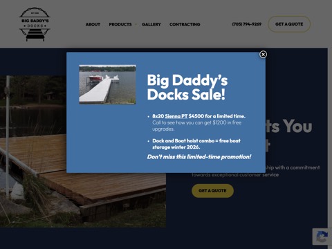 Screenshot of the Big Daddy's Docks homepage at bigdaddysdocks.com, captured 2026-08-19, shown as the evidence for the review on this page