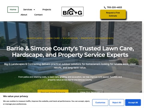 Screenshot of the Big G Landscapes and Contracting homepage, bigglandscapes.ca, captured 2026-08-19, shown as the evidence for this review