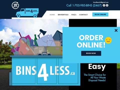 Screenshot of the Bins 4 Less homepage, www.bins4less.ca, captured 2026-08-19, shown as the evidence for this review