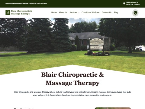 Screenshot of the Blair Chiropractic and Massage Therapy homepage, www.blairchiropractic.ca, captured 2026-08-19, shown as the evidence for this review