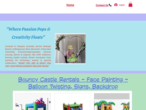 Screenshot of the Blown Balloons Party Rentals homepage, www.blownballoons.ca, captured 2026-08-13, shown as the evidence for this review