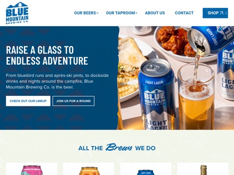 Screenshot of the Blue Mountain Brewing Co homepage, bluemountainbrewingco.com, captured 2026-08-13, shown as the evidence for this review