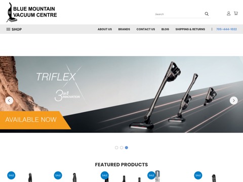Screenshot of the Blue Mountain Vacuum Centre Inc. homepage at www.bluemountainvacuum.ca, captured 2026-08-19, shown as the evidence for the review on this page