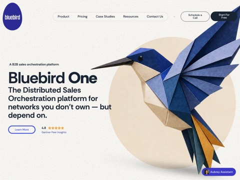 Screenshot of the Bluebird homepage, bluebird.one, captured 2026-08-19, shown as the evidence for this review