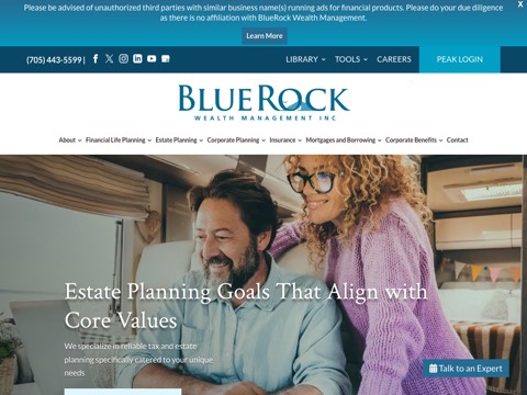 Screenshot of the BlueRock Wealth Management homepage, bluerockwealth.ca, captured 2026-08-19, shown as the evidence for this review