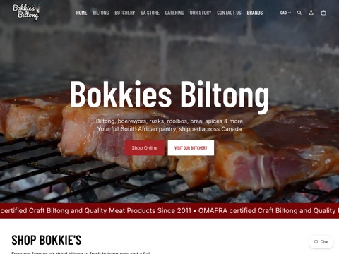 Screenshot of the Bokkie's Biltong website