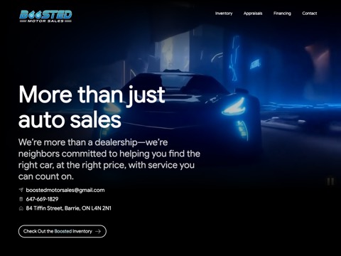 Screenshot of the Boosted Motor Sales homepage, www.boostedmotorsales.ca, captured 2026-08-19, shown as the evidence for this review