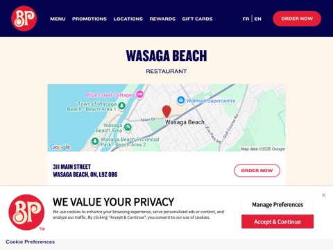 Screenshot of the Boston Pizza homepage, bostonpizza.com/en/locations/wasaga-beach.html, captured 2026-08-19, shown as the evidence for this review