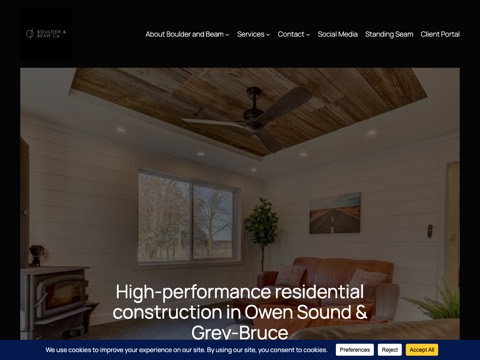 Screenshot of the Boulder and Beam homepage, www.boulderandbeam.com, captured 2026-08-13, shown as the evidence for this review