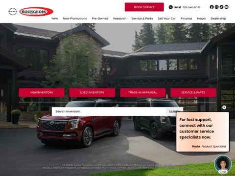 Screenshot of the Bourgeois Midland Nissan homepage at www.bourgeoisnissan.com/?utm_source=google&utm_medium=organic&utm_campaign=gbp, captured 2026-08-19, shown as the evidence for the review on this page