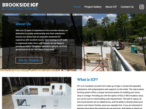 Screenshot of the Brookside ICF & Construction Inc. homepage, brooksideicf.ca, captured 2026-08-13, shown as the evidence for this review