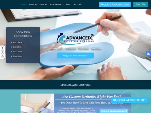 Screenshot of the Brubacher Foot Comfort homepage, www.advancedorthotics.ca, captured 2026-08-19, shown as the evidence for this review