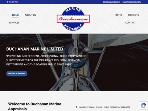 Screenshot of the Buchanan Marine Appraisals homepage at buchananmarineappraisal.ca, captured 2026-08-19, shown as the evidence for the review on this page