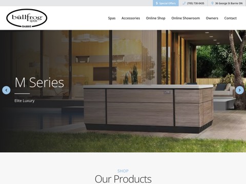 Screenshot of the Bullfrog Spas Barrie homepage, bullfrogbarrie.com, captured 2026-08-19, shown as the evidence for this review