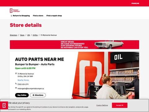 Screenshot of the Bumper to Bumper - Auto Parts homepage, local.bumpertobumper.ca/en/store/on/orillia/73a-memorial-avenue/?utm_medium=listings&utm_source=gmb&utm_campaign=B0471ECE-9646-EA11-B817-509A4C95B82E, captured 2026-08-19, shown as the evidence for this review
