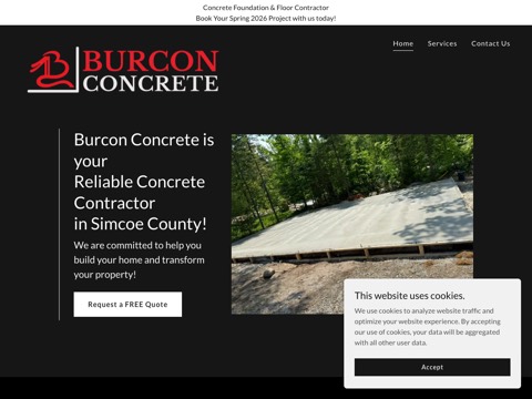 Screenshot of the Burcon Concrete homepage, burconconcrete.com, captured 2026-08-13, shown as the evidence for this review