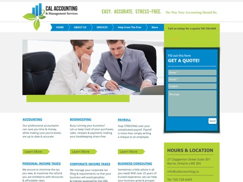 Screenshot of the CAL Accounting & Management Services homepage, www.calaccounting.ca, captured 2026-08-19, shown as the evidence for this review