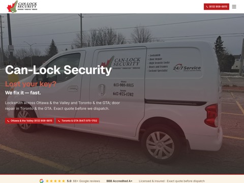 Screenshot of the CAN-LOCK SECURITY homepage, canlocksecurity.ca, captured 2026-08-13, shown as the evidence for this review